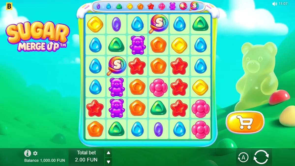 Tampilan visual slot Sugar Merge Up yang penuh warna dan permen